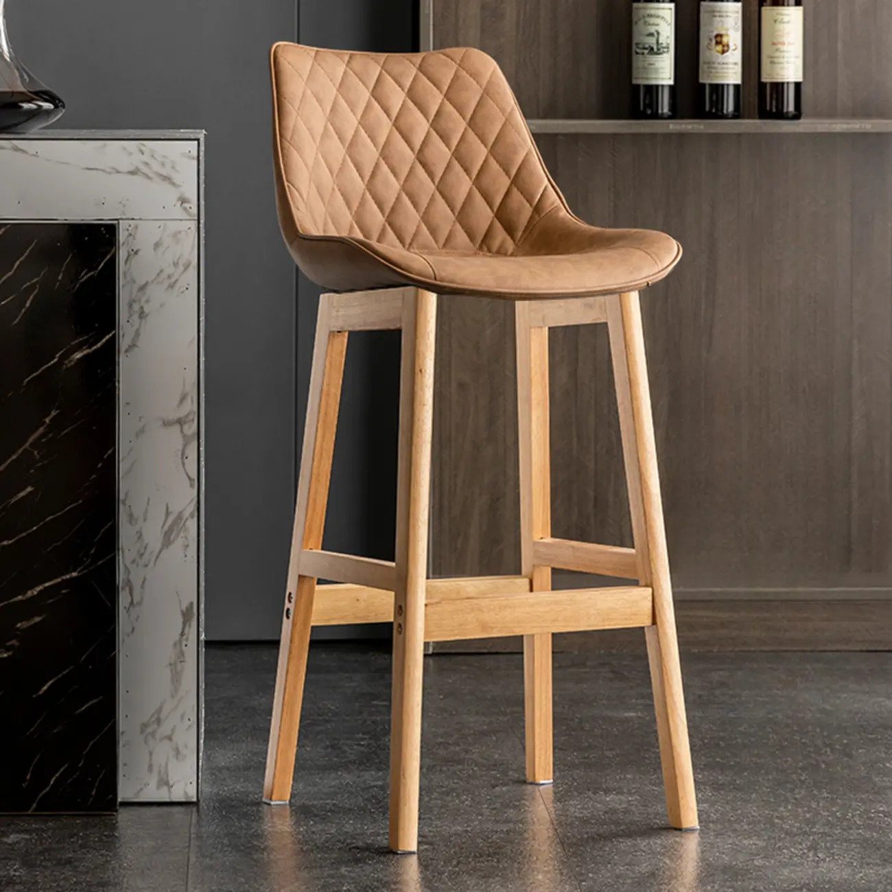 Mid-Century Modern Faux Leather Bar Stools with Wood Legs