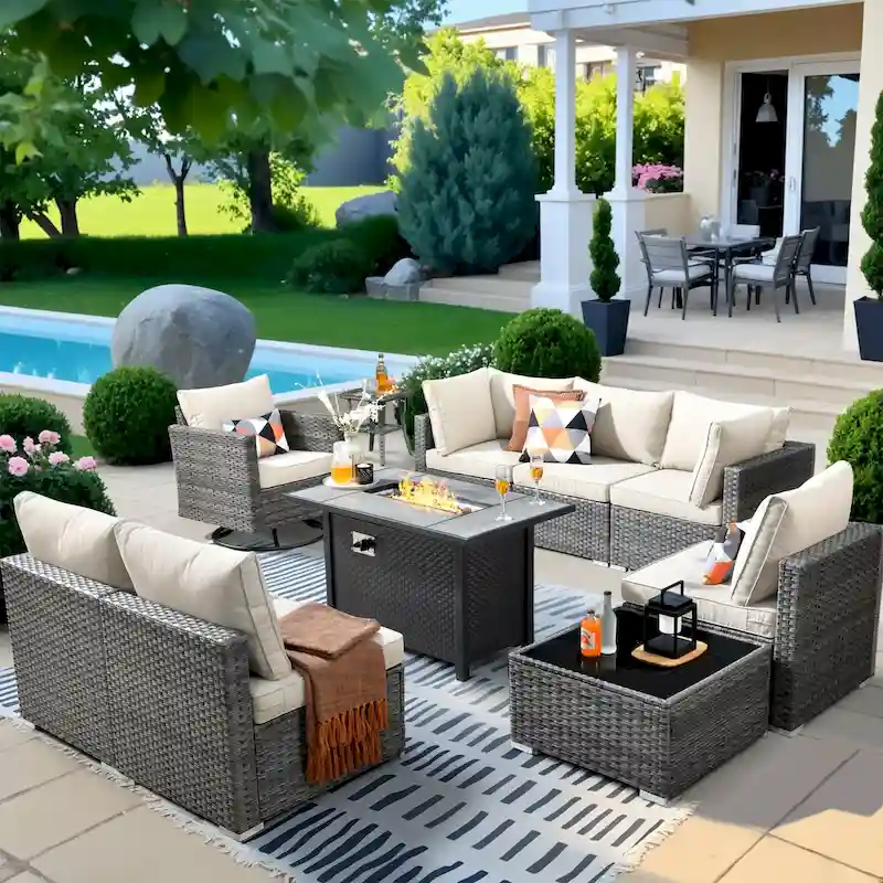 HOOOWOOO 10-piece Wicker Patio Furniture Sectional Sofa Set Swivel Rocker with Fire Pit Table