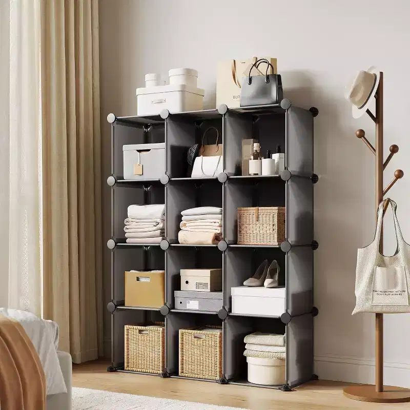 12-Cube PVC Storage Organizer, Multifunctional Cabinet with Stackable Design for Home Office, Gray