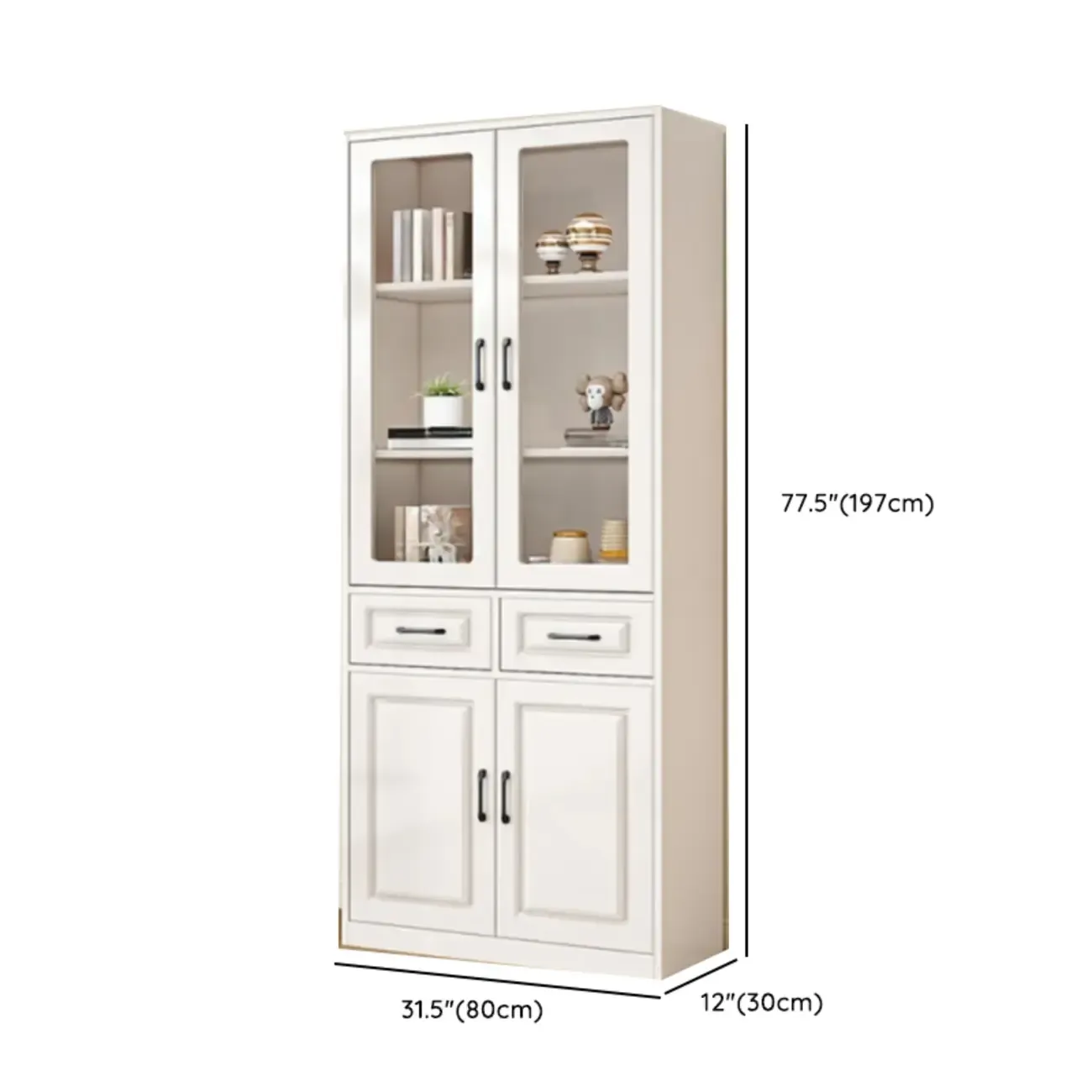 Rectangular White Wood Vertical Display Bookcase with Drawers