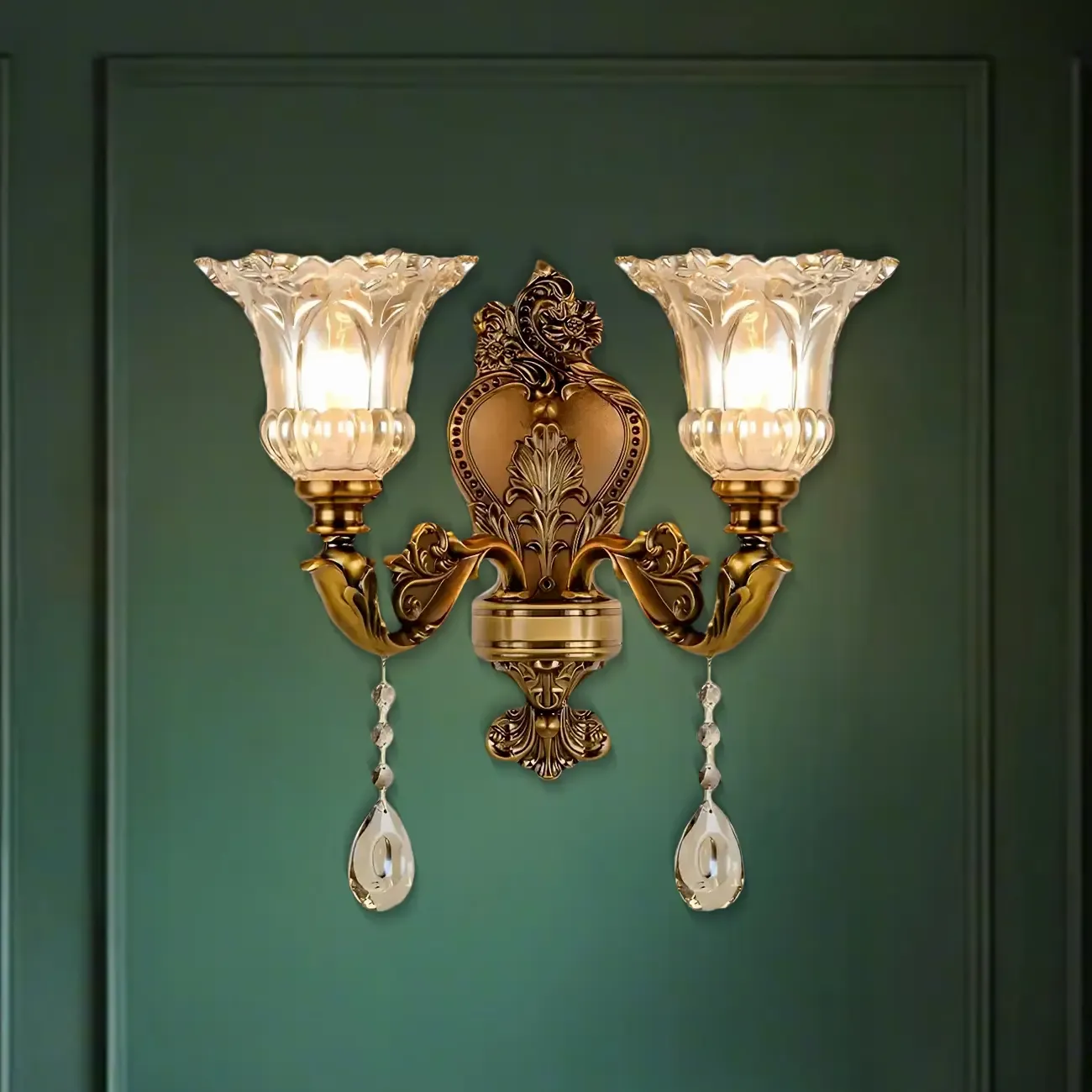 Vintage Brass Glass Flower Crystal Wall Sconce