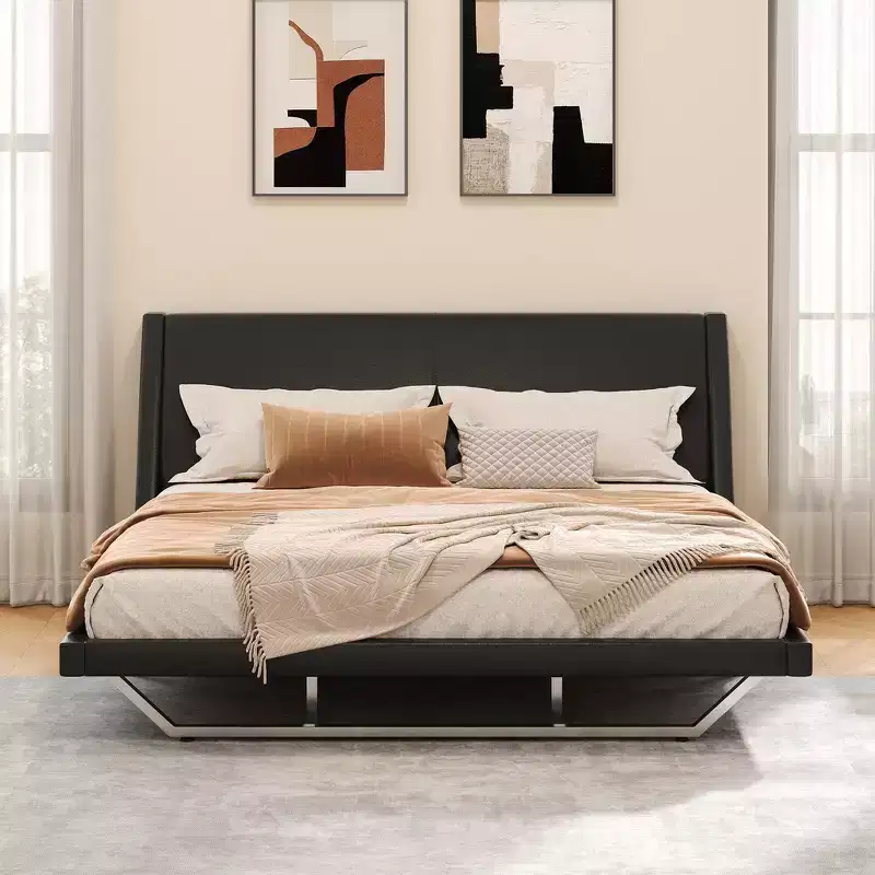 Whisen King Size Modern Platform Bed Frame, Upholstered PU Leather Bed with Curved Design, Suspended Trapezoidal Legs