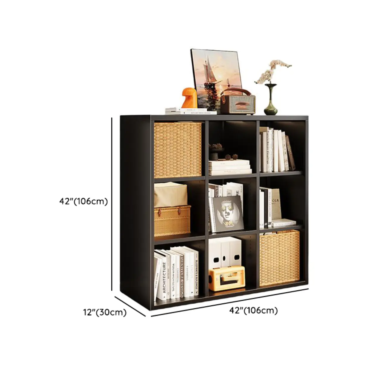 Modern Steel Cube Bookcase with Fabric Bins