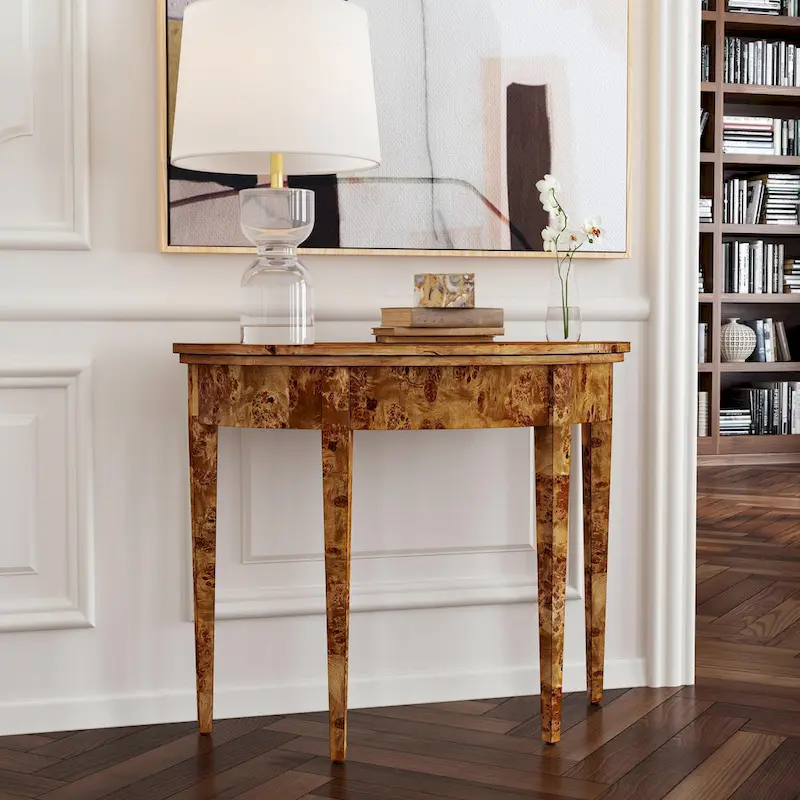 Traditional Burl / Light Burl Demilune Console Table with Burl Veneer Top & Carved Tapered Legs