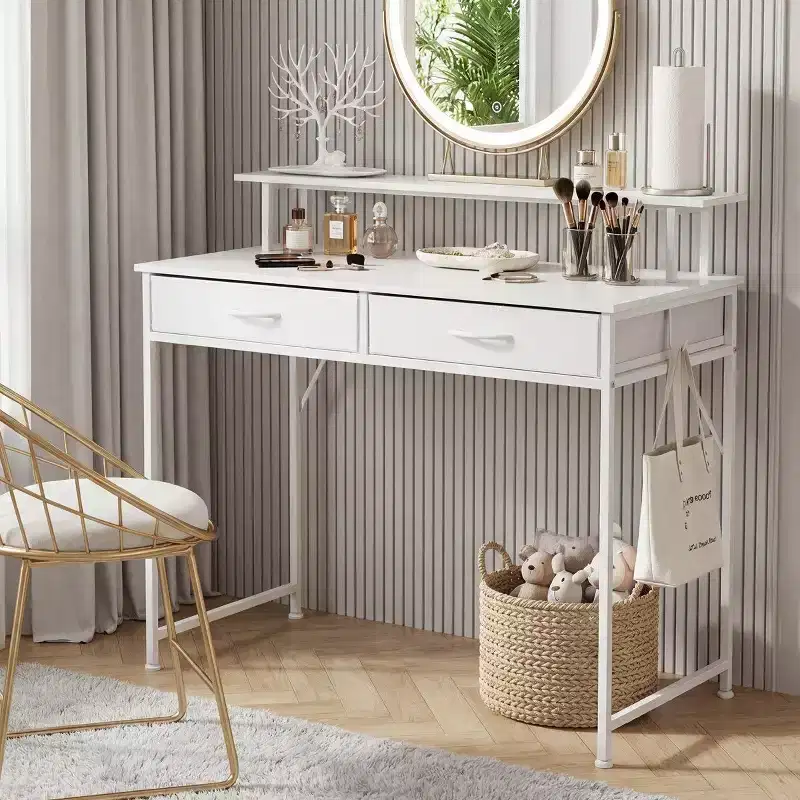 JIONJOY Small Home Office Computer Desk with Drawers & Monitor Riser, Ergonomic Writing Study Desk for Small Spaces, White