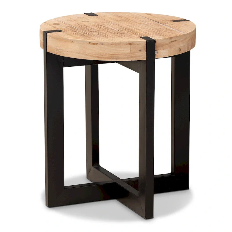 Natural Brown Finished Wood and Black Finished Metal End Table