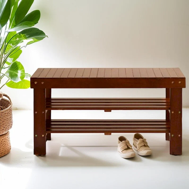 Quality Solid Wood Shoe Bench, Cherry Finish