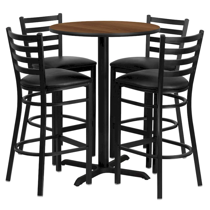 30  Round Laminate Table Set with X-Base and 4 Ladder Back Metal Barstools