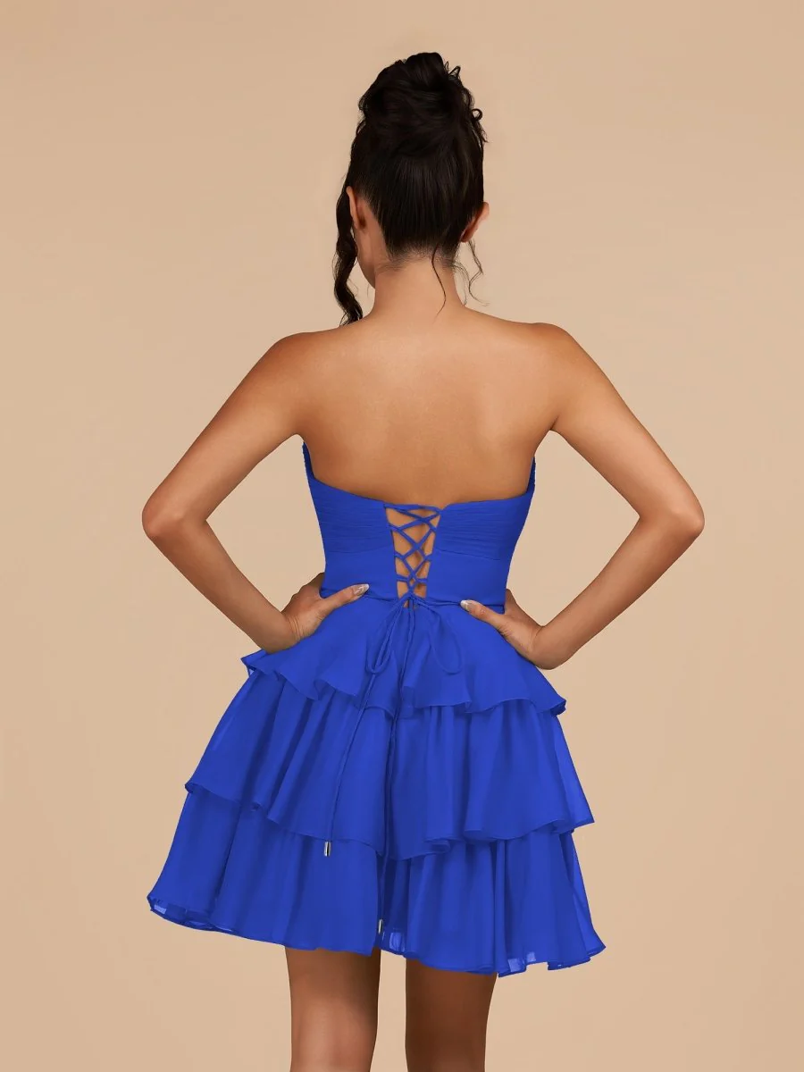 Royal Blue - Strapless A Line Chiffon Ruffles Homecoming Dresses With Flower