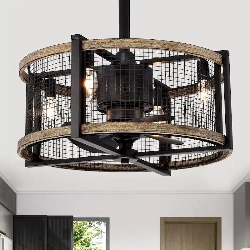 Blane Black/Wood Grain Metal 4-Light Ceiling Fan Chandelier w/ Remote