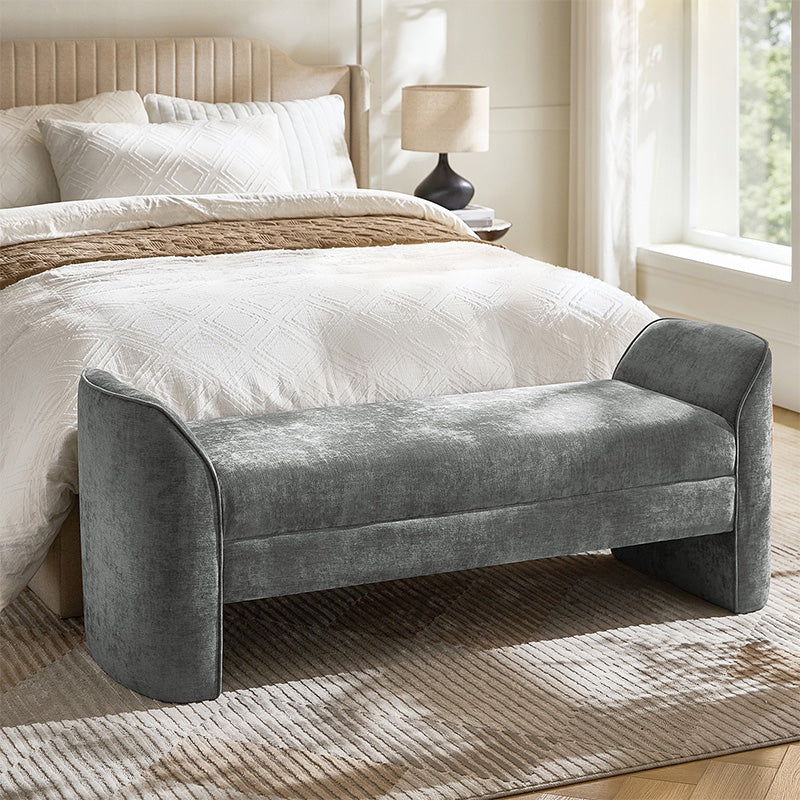 57 in Modern Chenille Upholstered Storage Bench with Piped Edges, Armrests & Foam Cushion | Grey / Beige / Sage / Black | Single