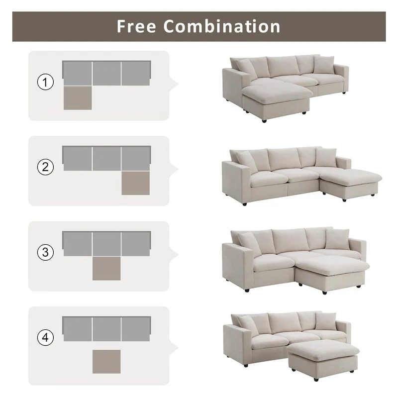 L-shaped Modern Sectional Sofa, 2 Free pillows,4-seat Polyester Fabric Couch Set,Ottoman,Beige