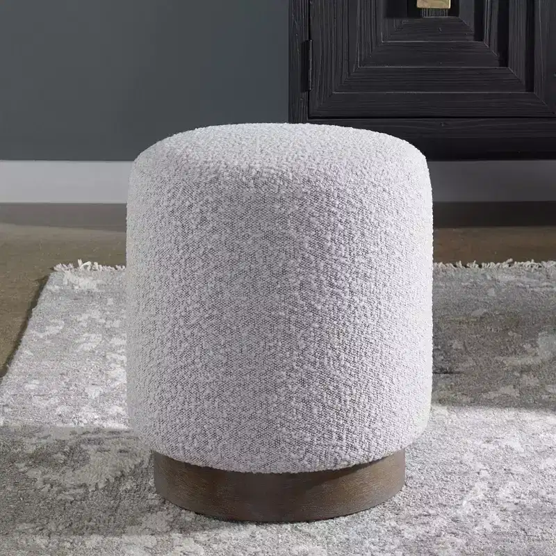 Uttermost Avila Gray and White Fabric Ottoman with Wooden Base