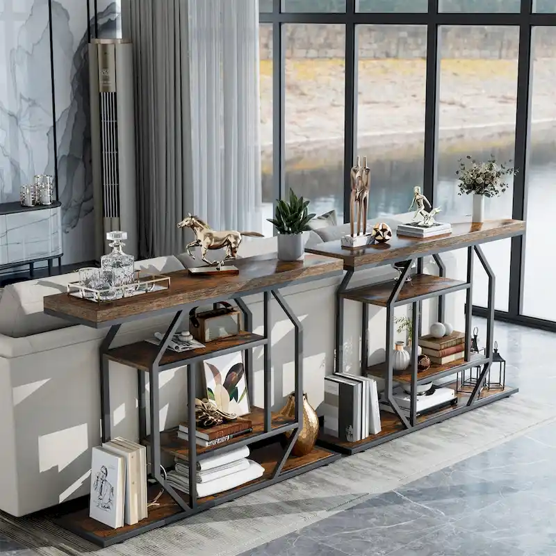 Black & Rustic Brown Industrial Console Table, 4-Tier Shelves, 1-Person Assembly
