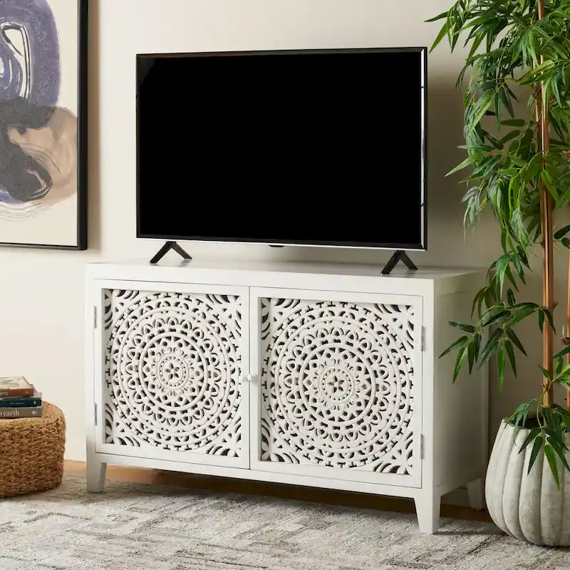 White Wash Mango Wood 2-Door 2-Shelf Media Stand, 42