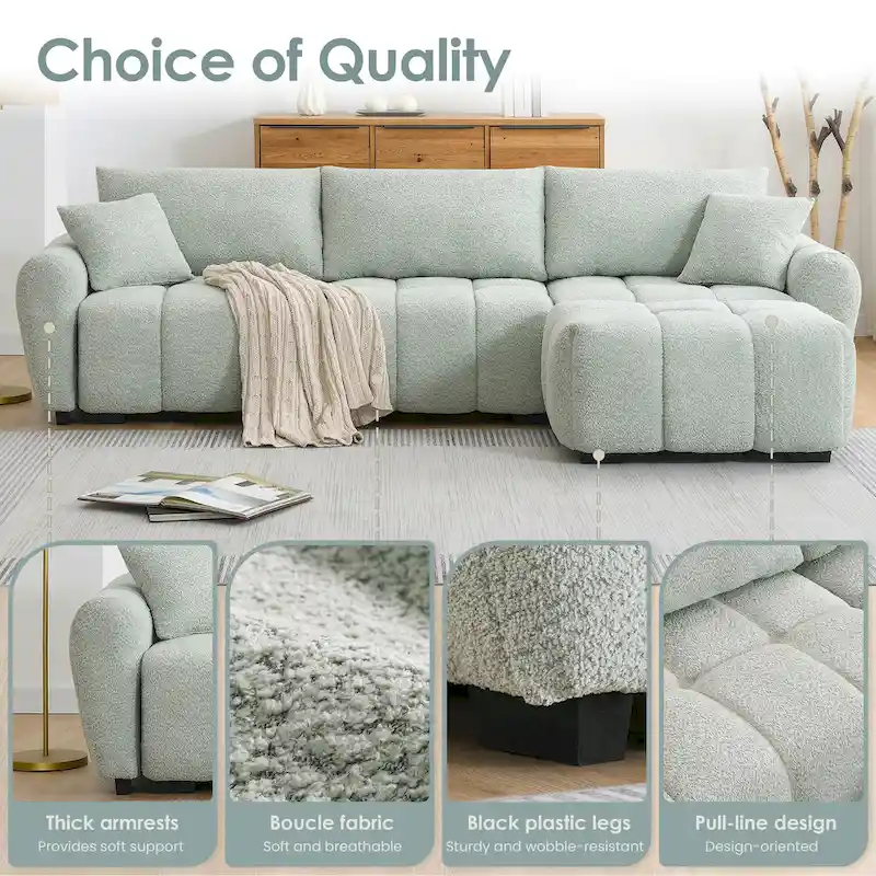 100 L-Shaped Sofa Boucle Fabric Couch with Movable Ottoman