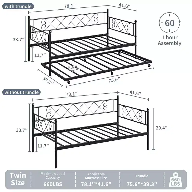 Twin Daybed with HeadboardHeavy Duty Metal Slats Platform Foundation, Sofa Bed Frame for Bedroom & Living Room  No Box Spring Needed, Easy Assembly