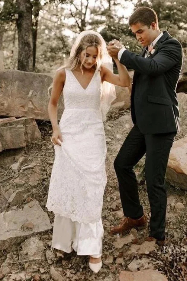 Simple Lace Sleeveless Deep-V Back Bridal Gown with Sweep Train