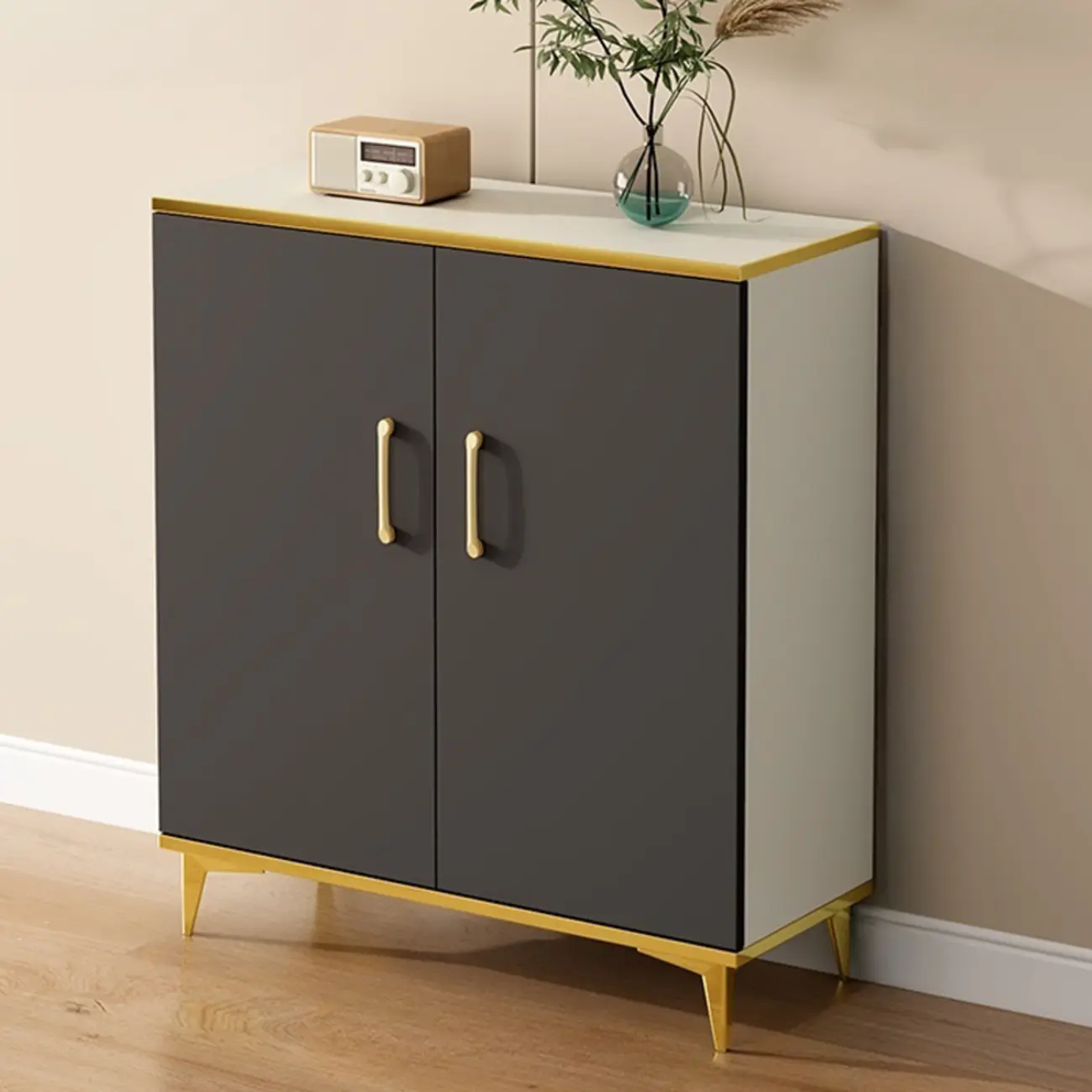 Trendy Grey Wood Hallway Shoe Cabinet with Gold Legs