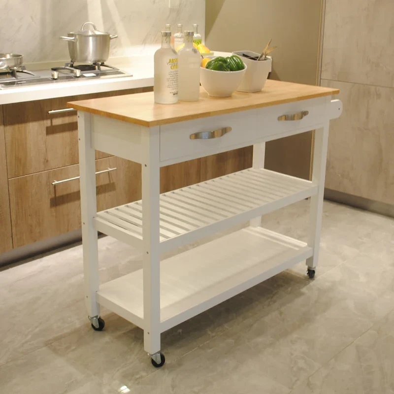 Rolling Kitchen Island Cart with 2 Drawers & Towel Rack – White / Natural, Modern Style