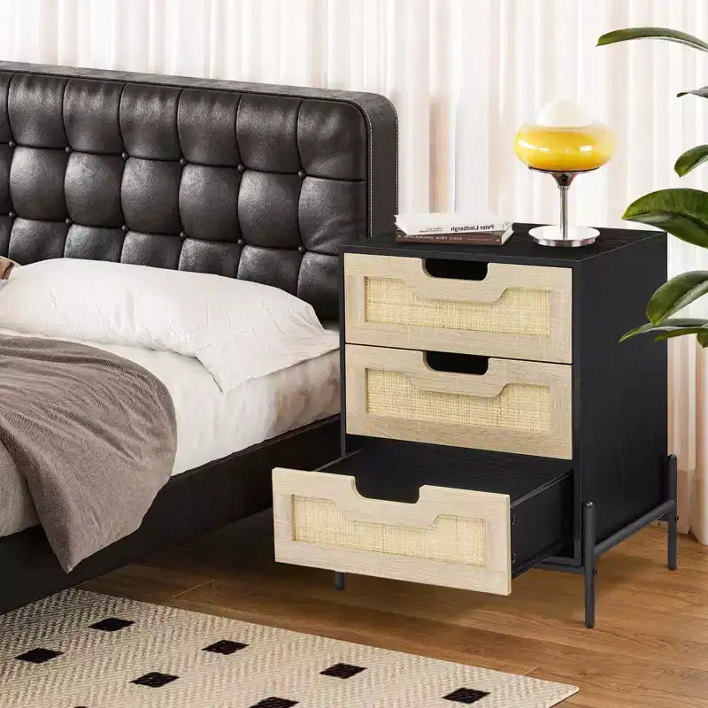 GustoWave Iron-Legged Woven Bedside Table, Three-Drawer Bedroom/Living Room Decorative Night Stand