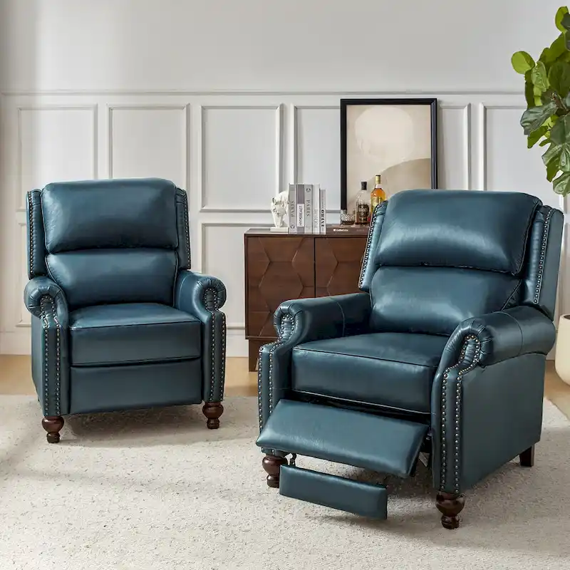 Gabriela Mid-Century Modern Genuine Leather Recliner Nail Head Trim Set of 2 by HULALA HOME