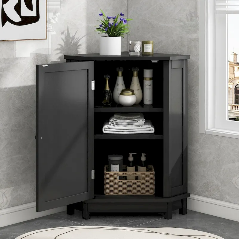Black Triangle Corner Cabinet with Adjustable Shelves