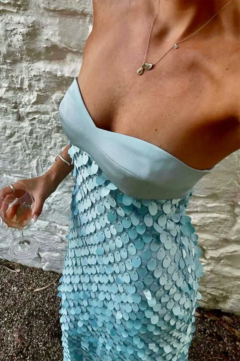 Blue - Sheath Strapless Long Prom Dresses with Sequins