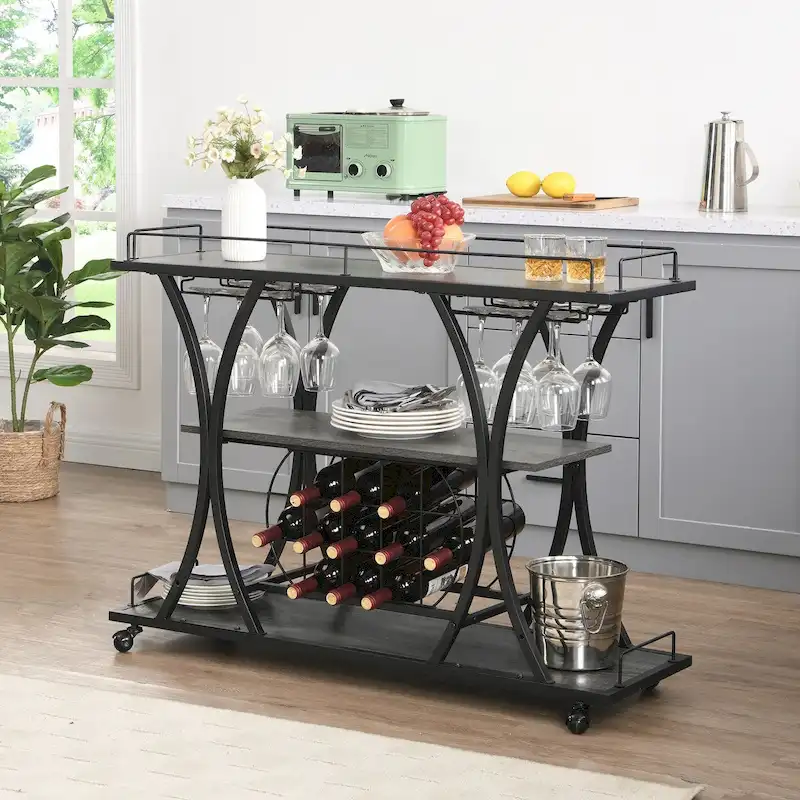 Industrial Bar Cart Kitchen Bar&Serving Cart with Wheels 3 Storage Shelves