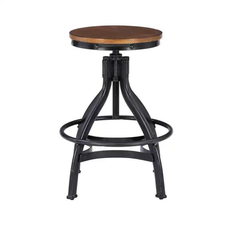 Set of 2 Tormo Adjustable Metal & Distressed Wood Barstool Black - Powell: Swivel, Round Seat, Industrial Design