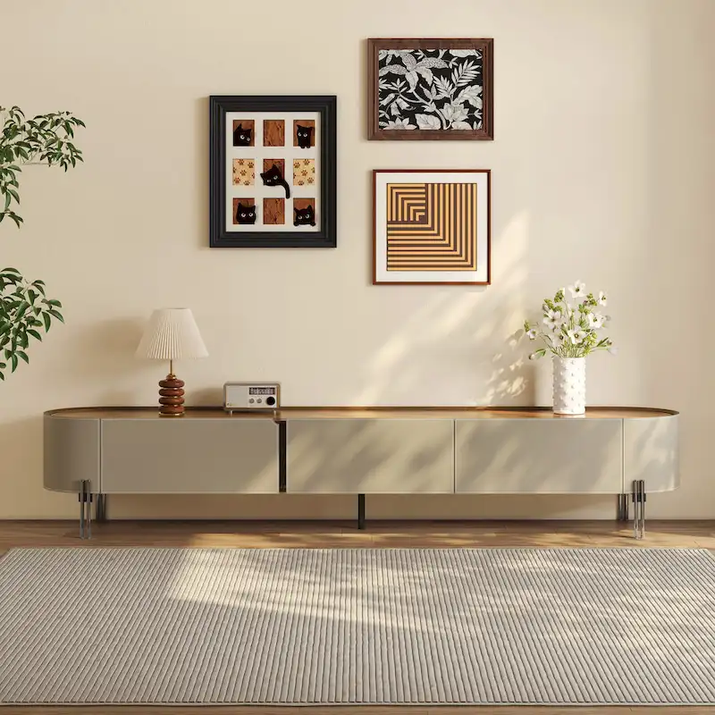 Brown Leather TV Stand for Living Room with 3 Drawers and Metal Legs