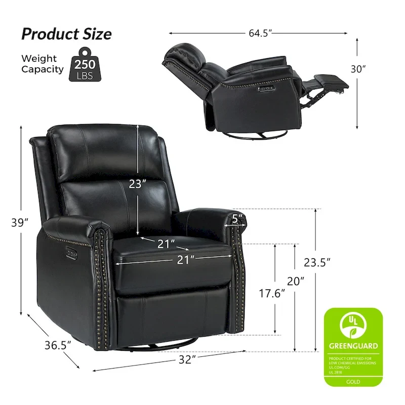 Renato Traditional Genuine Leather Nailhead Power Swivel Recliner Chair with Metal Base Set of 2 by HULALA HOME