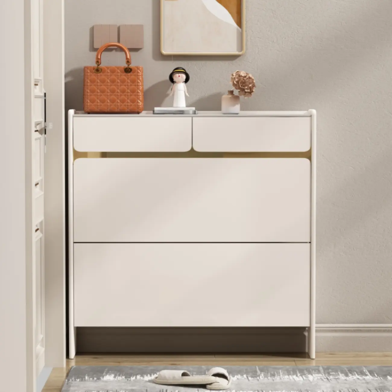 Entryway Glam White Wood Shoe Cabinet with Drawers