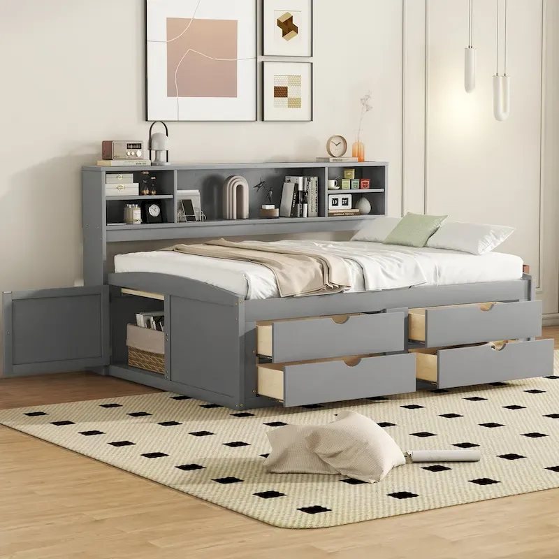 Antique Brown / Gray / White Full Daybed with Cabinets, Shelves & Drawers, 1-Person