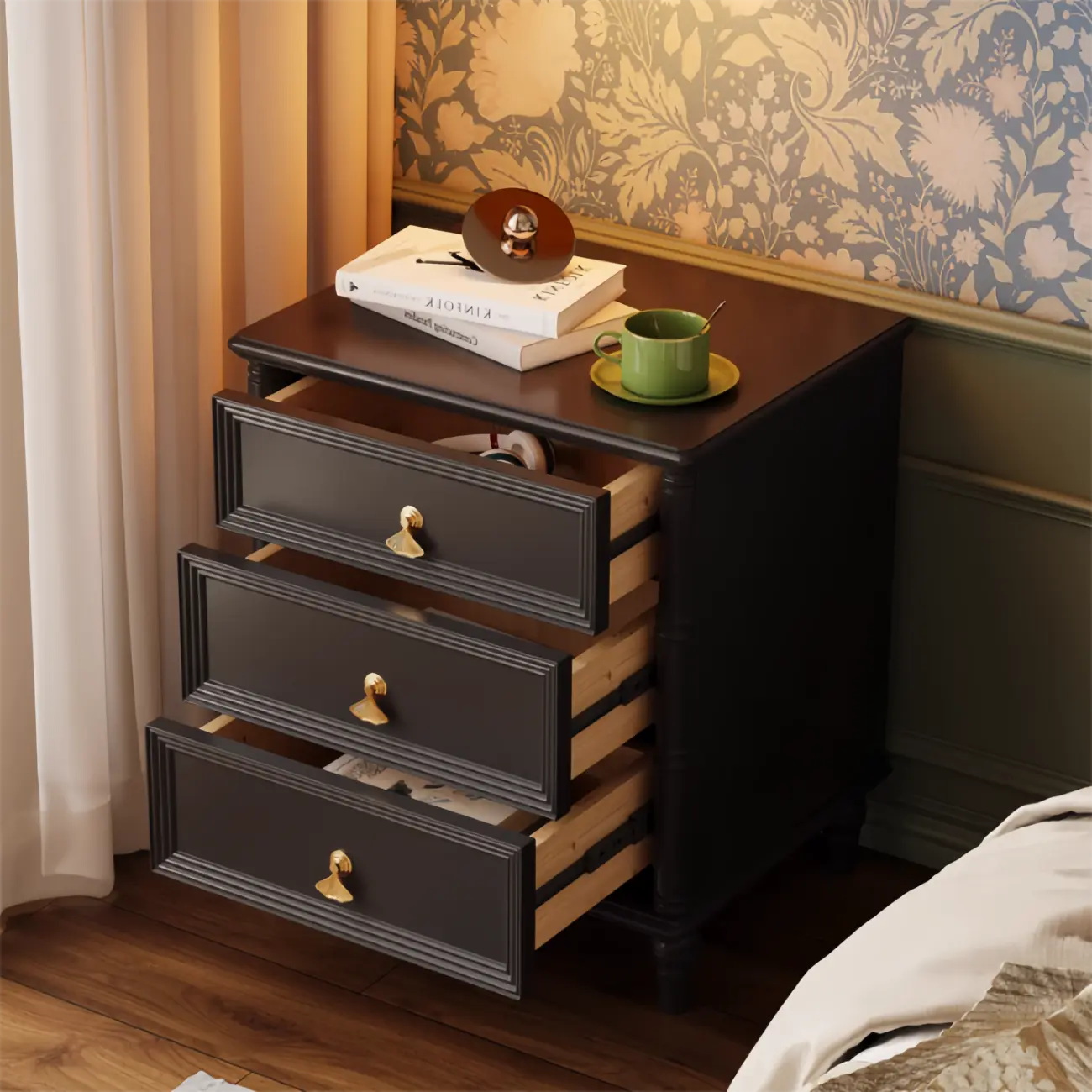 Traditional Rectangular Solid Wood 3-Drawer Black Nightstand