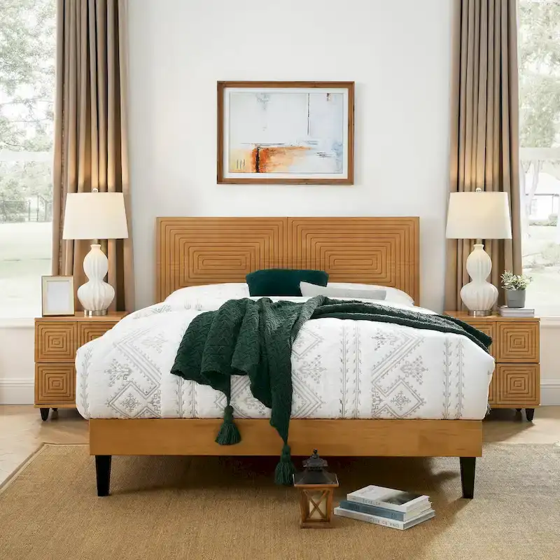 Upholstered Platform Bed with Wingback Headboard