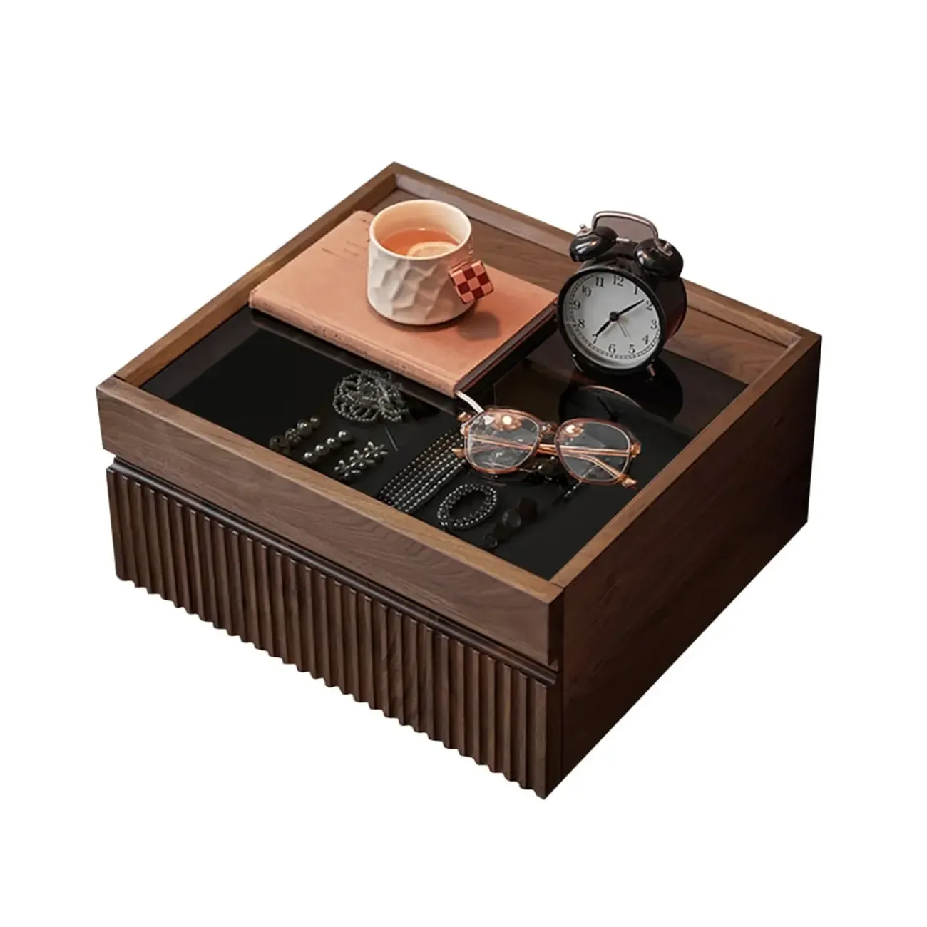 Modern Glass Top Walnut Floating Nightstand with Drawers