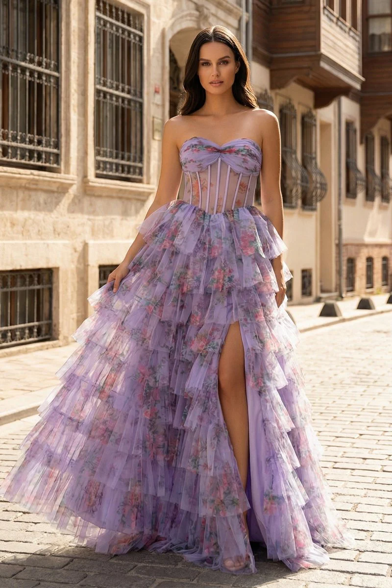 Purple Strapless A Line Tulle Printed Ruffle Tiered Prom Dresses With Slit