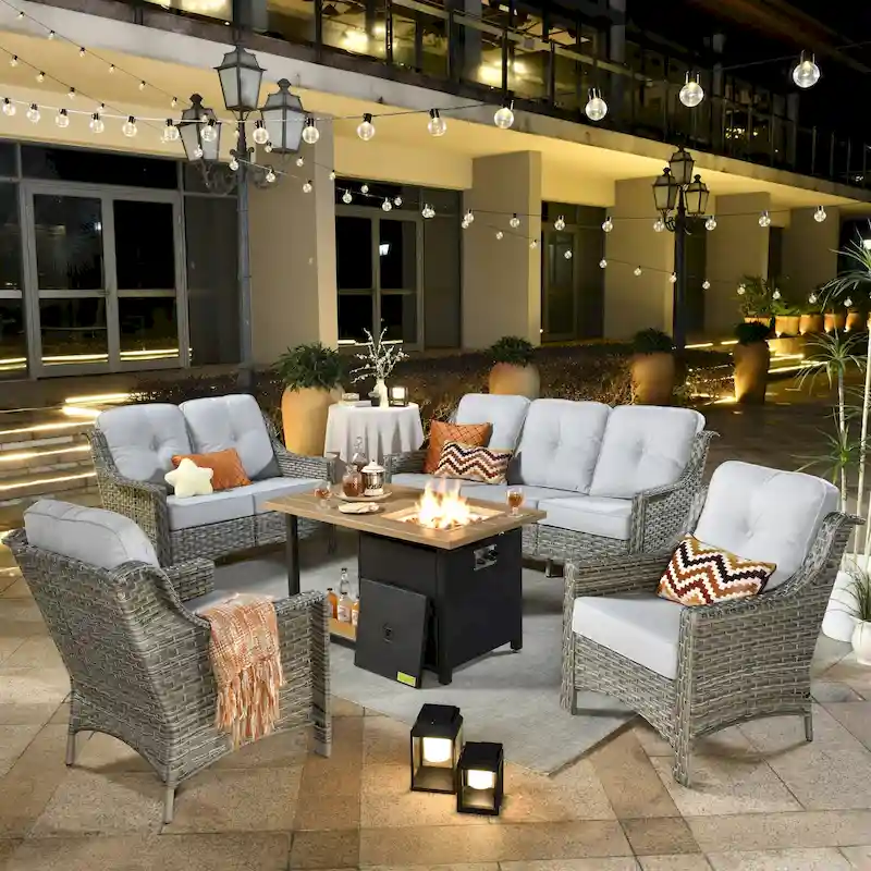 XIZZI 5-piece Patio Furniture Wicker Outdoor High Back Sofa Set with Fire Pit