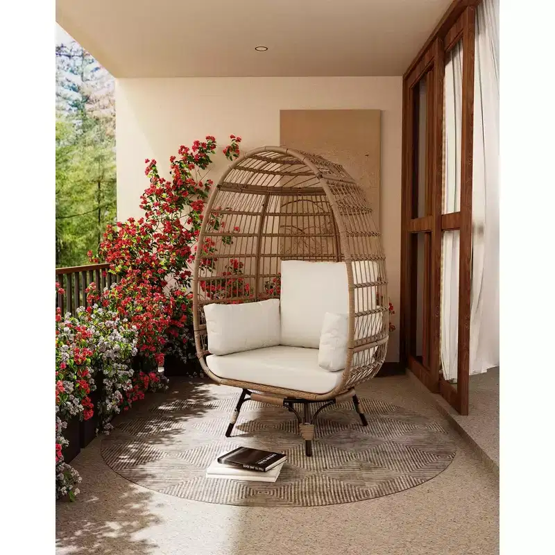 360 Swivel Egg Chair Outdoor, Oversized Wicker Egg Chairs with 4 Cushions Rattan Egg-Shaped Lounge Chair w/Steel Frame