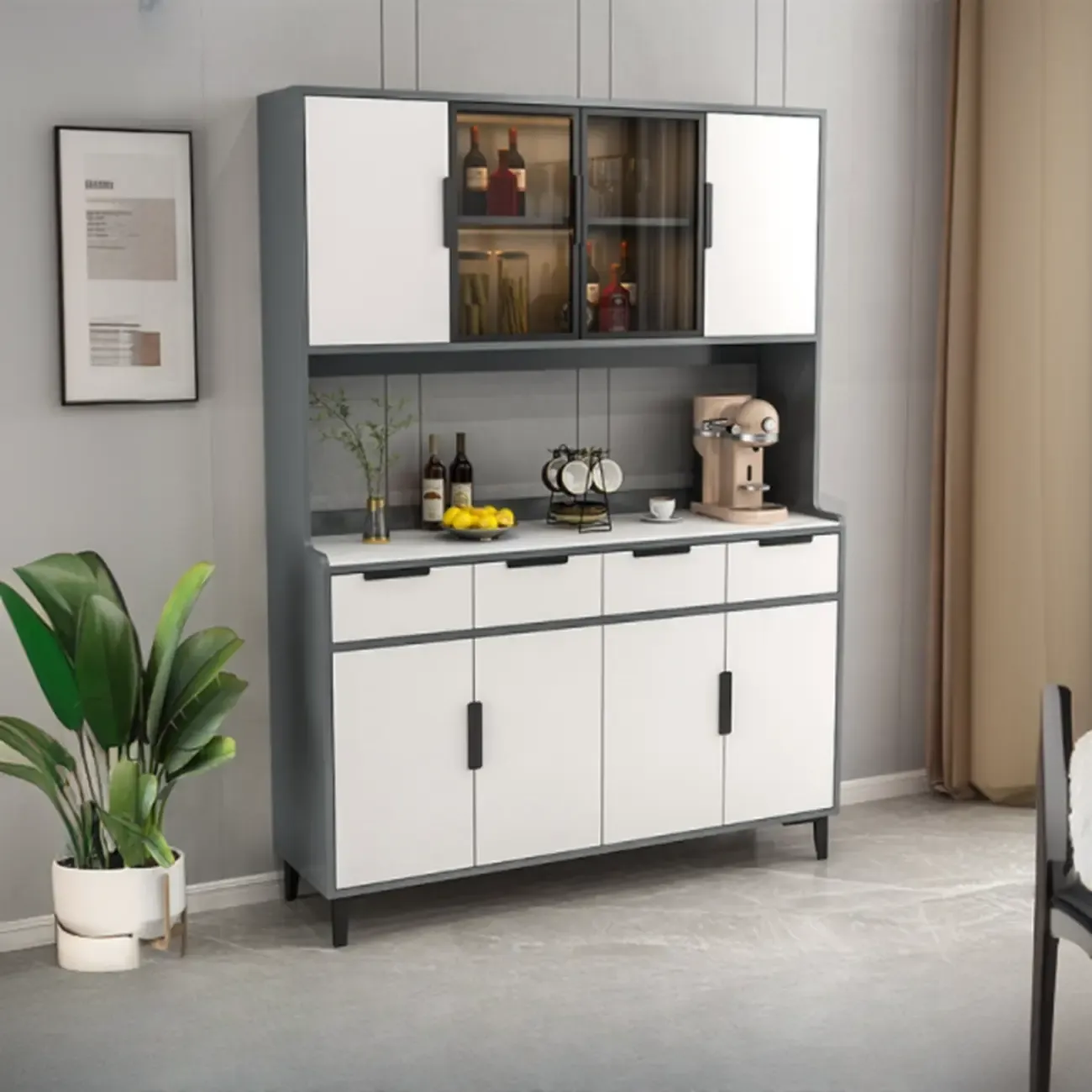 Grey Wood Storage Dining Hutch Cabinet with Drawer