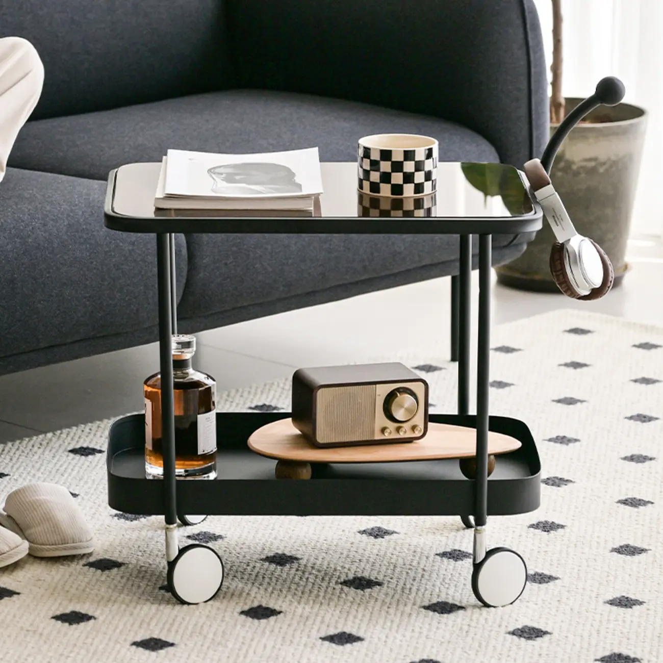 Rectangular Tall Rotating Modern Glass Metal Side Table