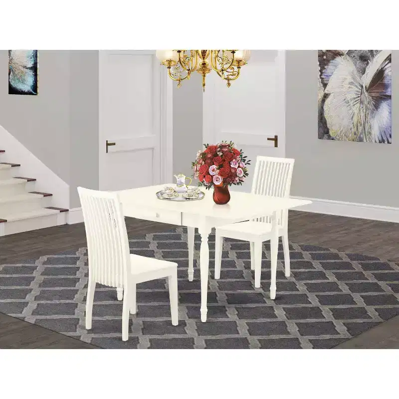 HomeStock 3-Pc Linen White Finish Rectangular Solid Wood Top With Dropleaf Dining Table Set
