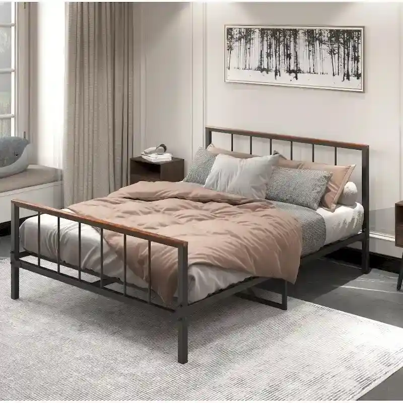 Black Metal Queen Size Platform Bed Frame with Headboard and Footboard, Sturdy Construction, No Box Spring Needed, Queen