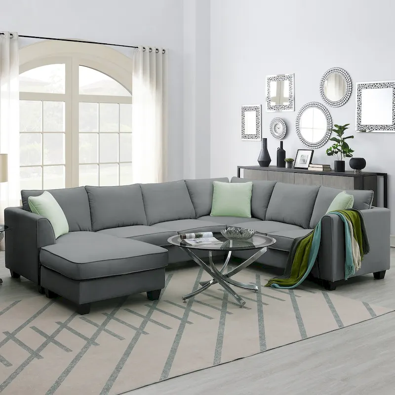 L-Shaped 7-Seats Modular Sectional Sofa with Ottoman with 3 Pillows