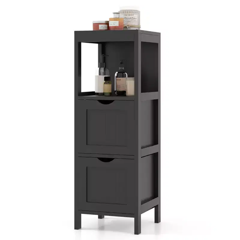 Costway Bathroom Floor Cabinet Freestanding Side Storage Organizer with 2 Removable Drawers Brown/Grey/Black