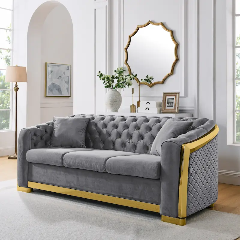 84  Luxury Chesterfield Velvet Sofa with Gold Trim
