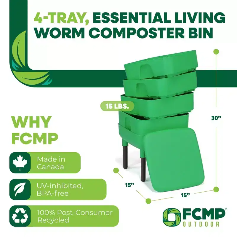 FCMP Outdoor Essential Living Worm Composter Bin, 4-Tray Indoor System, Green
