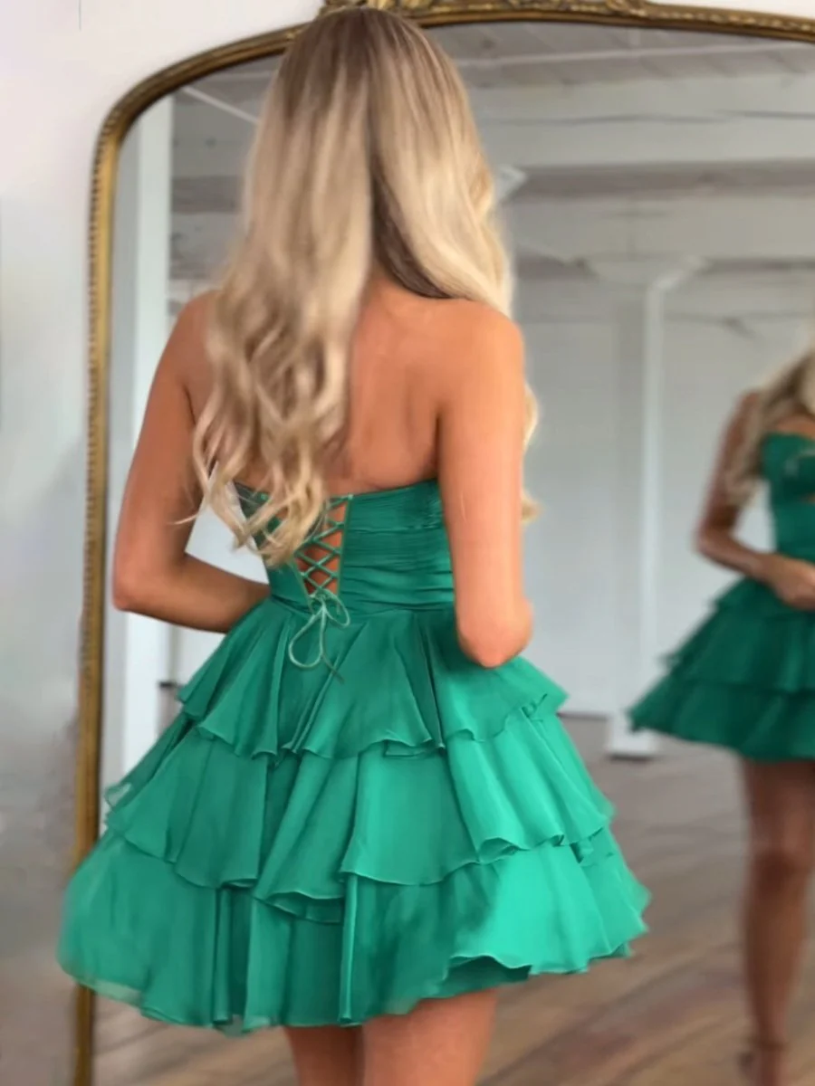 Green - Strapless A Line Chiffon Ruffles Homecoming Dresses With Flower
