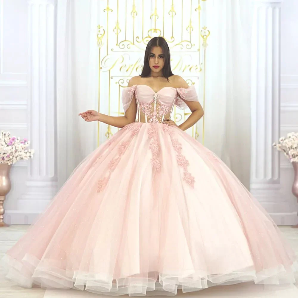 Ball-Gown Pink Off-the-Shoulder Quinceanera Dresses